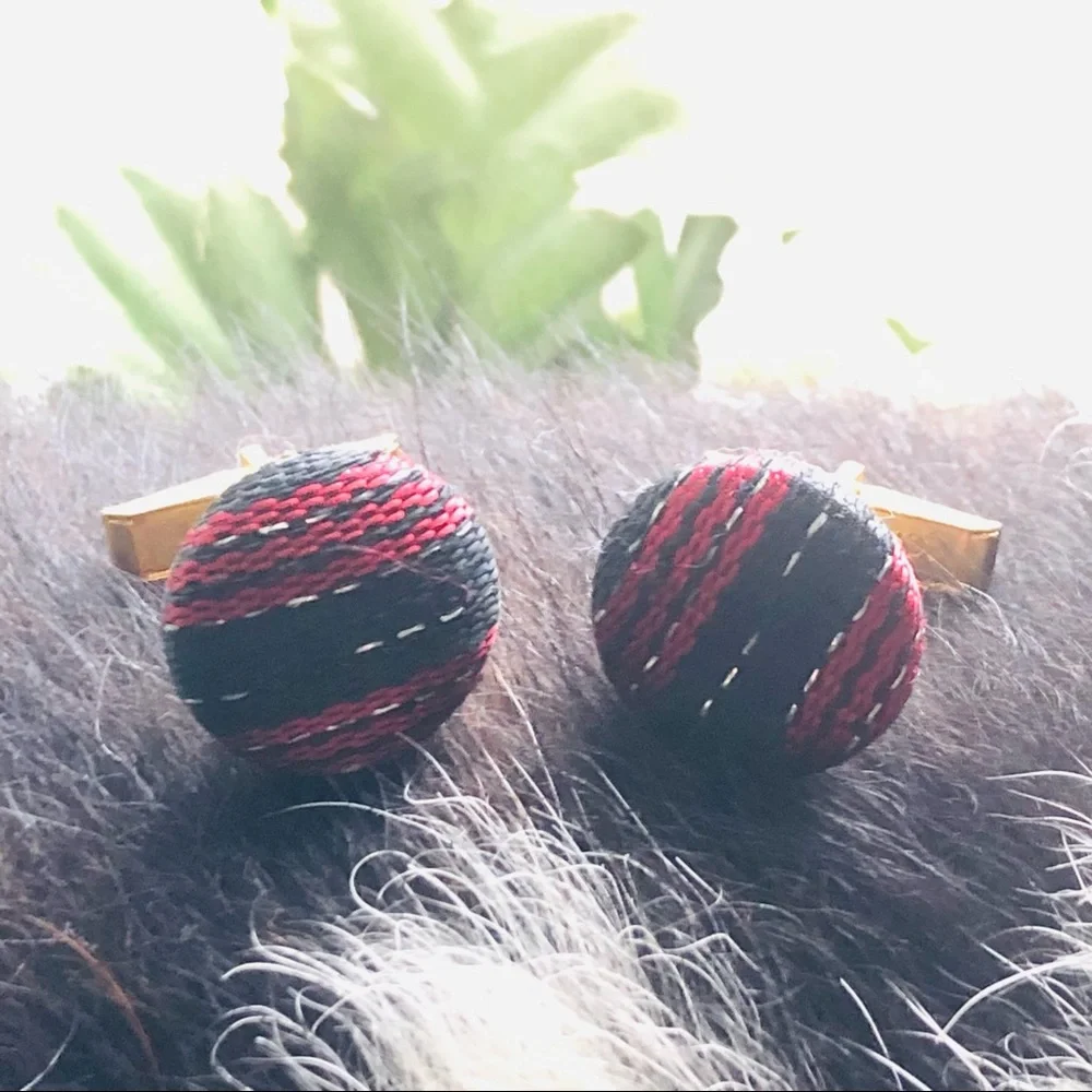 Vintage round red/black and silver fabric covered cuff links